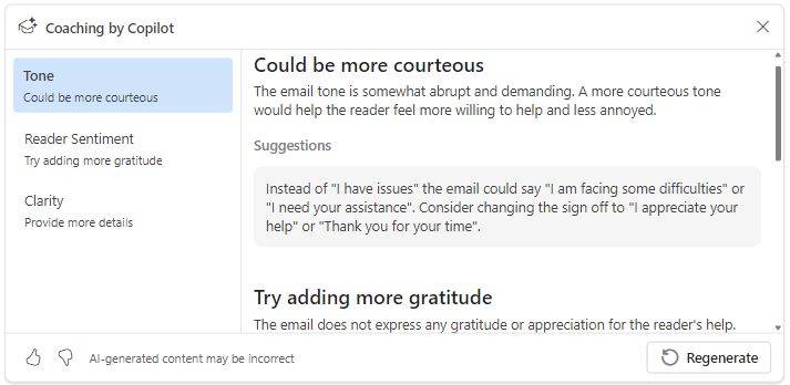Tone of the draft after using Coaching by Copilot