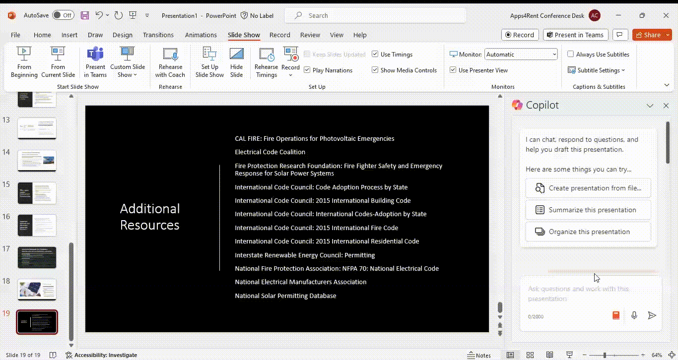 Copilot for Microsoft 365 created 19 slides PowerPoint presentation