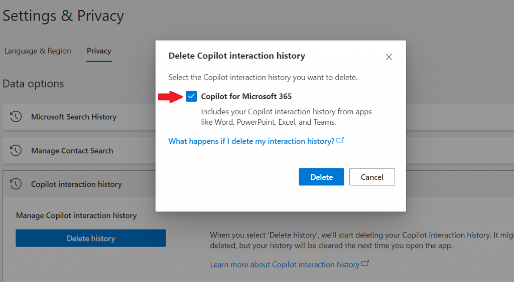How to delete your copilot for microsoft 365 interaction history