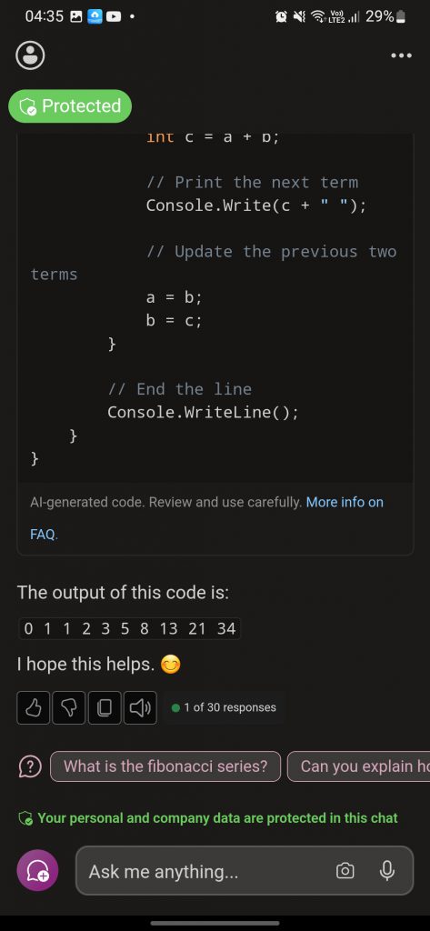 The output of the above programming code for the Fibonacci series in Copilot