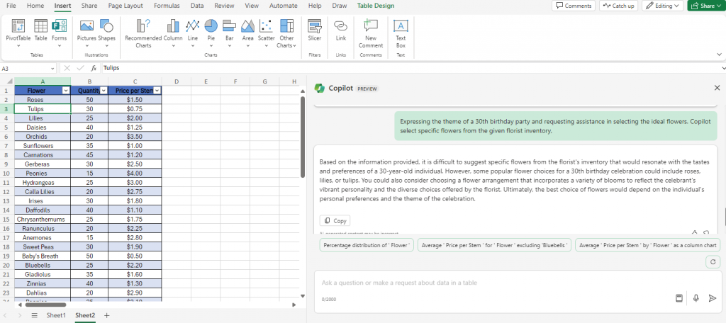 output from copilot based on prompt in excel