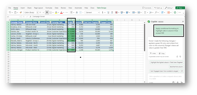 output of the prompt given in copilot excel