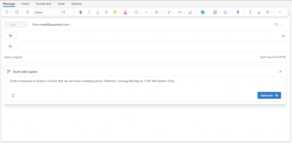 prompt for drafting email in outlook