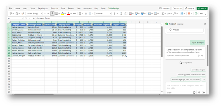 sample data in excel