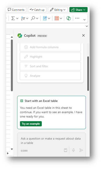 sidebar with copilot suggestion in excel