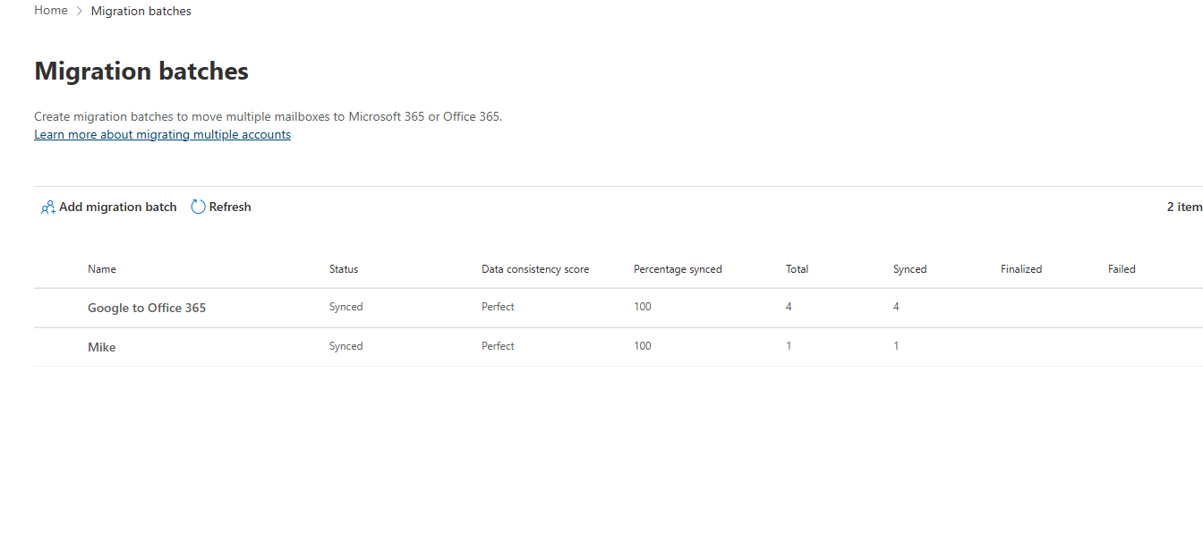 Exchange Admin Center migration dashboard showing batch status